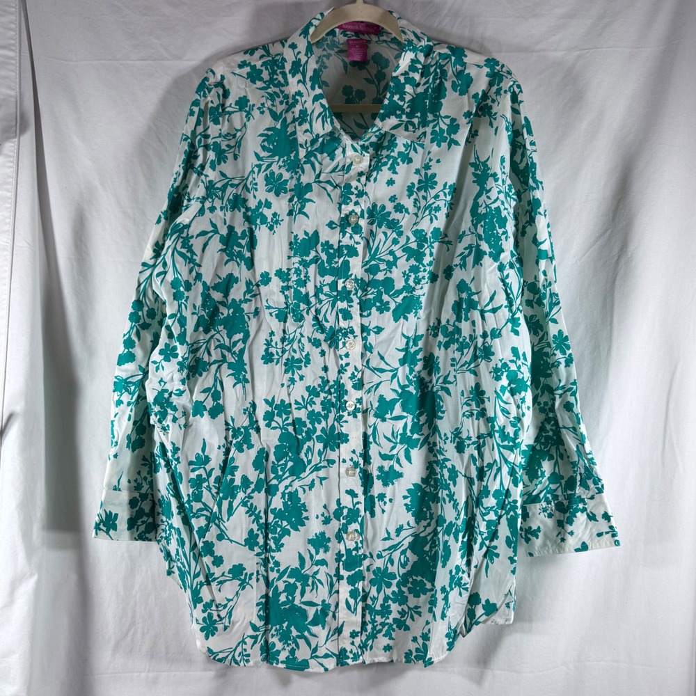 Woman Within Womens 1X Teal White Floral Cotton Blend Button Down Tunic Shirt